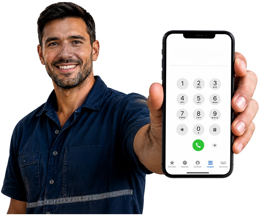 Wetherill Park Blocked Drains plumber holding a phone — call 1300 261 965