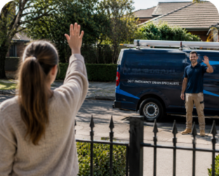 Customer waving goodbye to a Wetherill Park Blocked Drains plumber